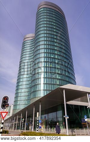 Utrecht, The Netherlands - 25 Feb, 2021: Tall Modern Glass Building Of The Rabobank Headquarters In 