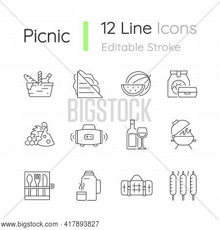Picnic Linear Icons Set. Heaving Picnic Hamper. Ham And Cheese Sandwich. Takeaway Food. Wireless Rad