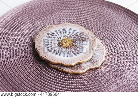 Cup Holder, Epoxy Resin Tray, Marine-style Stone Cut. Brown And Grey Stains Of Paint, Gold Trim. Sub