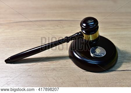 Judge Hammer And Ethereum Crypto Coin. Justice Courtroom. Ripple Demands Bitcoin And Ethereum Docs F
