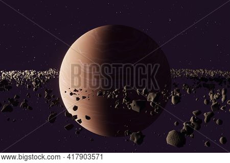 Planet Saturn Or Jupiter Close-up With Stone Ring In Space. 3d Illustration