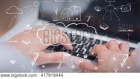 Composition of success world in cloud with digital icons over man typing on laptop keyboard. global technology and digital interface concept digitally generated image.