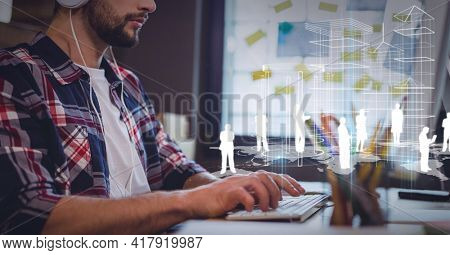 Composition of people silhouettes and 3d architecture model over man typing on computer keyboard. global technology and digital interface concept digitally generated image.