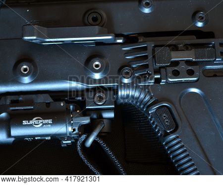 KRISS Vector 9*21 caliber submachine gun. Close up detales. March 26, 2021. Kiev Region, Ukraine