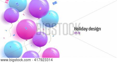 Holiday Design Poster Background With Round 3d Ballons And Confetti In Cool Soft Colors, Blue And Pu