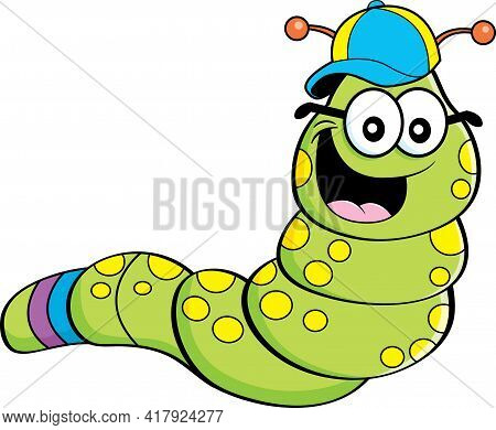 Cartoon Illustration Of An Inchworm Wearing A Baseball Cap And Eyeglasses.