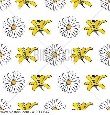 Vector White Background White Yellow Lemony Floral Seamless Pattern. Daisies, Lilies, Crocus. Seamle