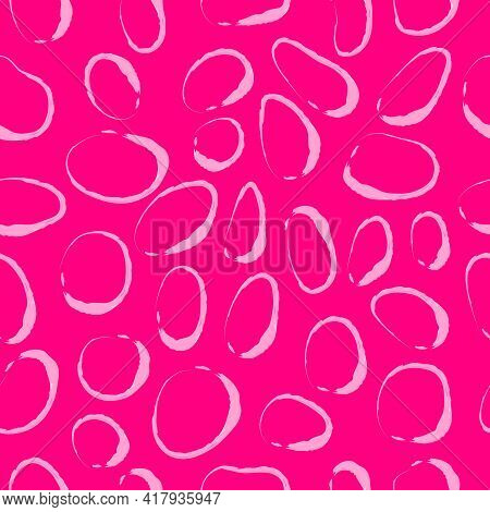 Vector Seamless Pattern With Abstract Stains, Stones On Bright Pink Background. Hand Drawn Sloppy Ov