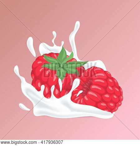 Juicy Raspberry And Splash Of White Liquid Cartoon Illustration Isolated On Pink Background. Natural