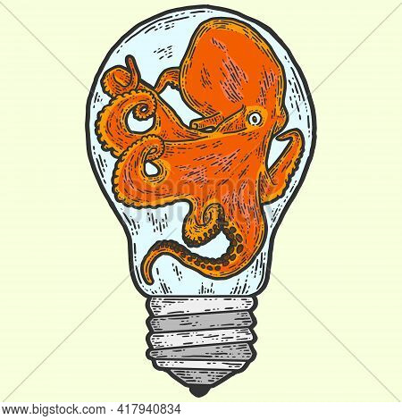 Creative, Octopus In An Aquarium Light Bulb. Sketch Scratch Board Imitation.