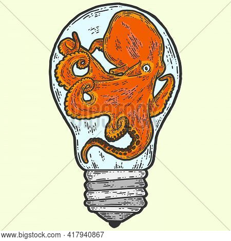 Creative, Octopus In An Aquarium Light Bulb. Sketch Scratch Board Imitation.