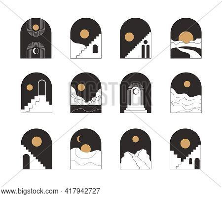 Moroccan Stairs, Arch, Walls, Arc Set Vector. Architecture Elements In Boho Style. Tunisian, Algeria