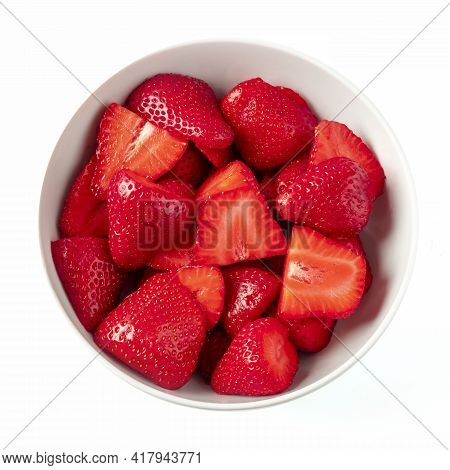 Strawberry In White Bowl Top View. Strawberries In White Plate Close-up Isolated On White Background