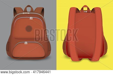 Red Backpack Mockup Set, Vector Isolated Illustration. 3d Realistic School Bag, Rucksack With Zipper