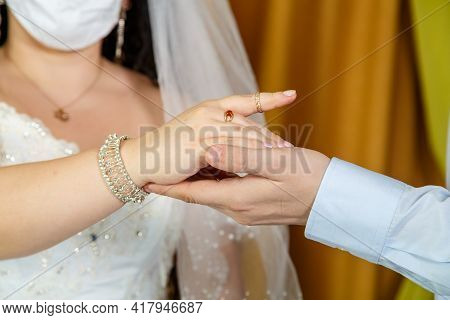 Groom Putting The Ring On The Forefinger On The Forefinger At The Jewish Wedding Hand Close-up Of A 