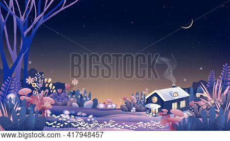 Fantasy Wonderland Landscape Of Magic Forest With Fairy Tale Cottage With Crescent Moon And Star At 