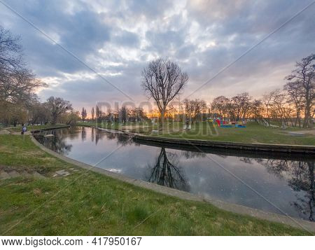 City Beach On Radunia River At Sunrise Time In Pruszcz Gdanski, Poland.