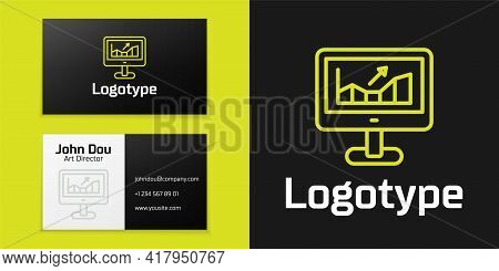 Logotype Line Computer With Stocks Market Growth Graphs And Money Icon Isolated On Black Background.
