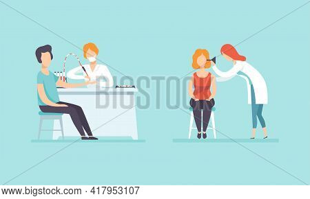 Medical Physical Health Checkup With Doctor Therapist Examinig Patient Vector Set