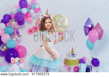 Unicorn Girl Holding Gold Confetti Air Baloon. Idea For Decorati