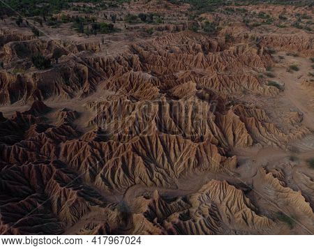 Aerial Panorama View Of Tatacoa Desert Tropical Dry Forest Red Sand Stone Labyrinth In Villavieja Ne