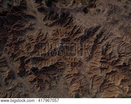Aerial Panorama View Of Tatacoa Desert Tropical Dry Forest Red Sand Stone Labyrinth In Villavieja Ne