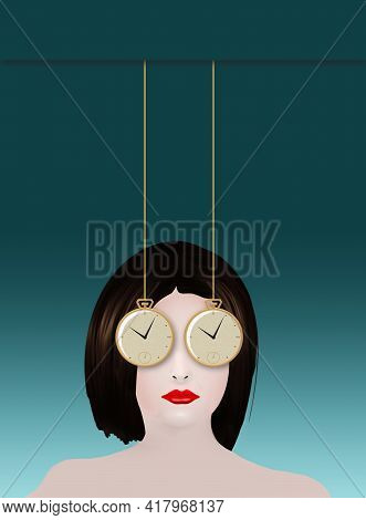 A Business Woman Had Two Pocket Watches For Eyes As She Struggles To Manager Her Time In This 3-d Il