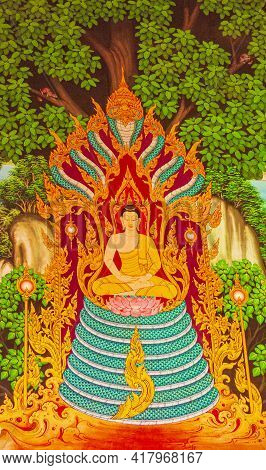Colorful Wat Don Mueang Phra Arramluang Temple Art Paintings Thailand.