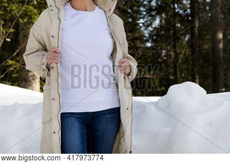 White Sweatshirt Mockup Of A Girl In Beige Quilted  Jacket, Model Mockup