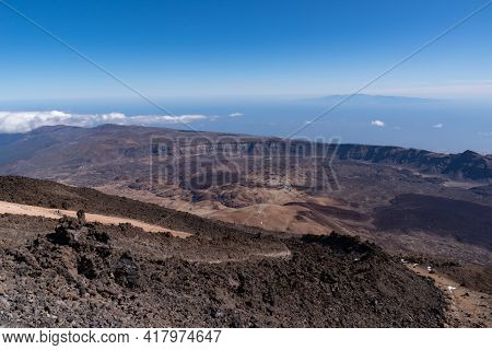 View From Teide то Las Canadas Caldera Volcano With Solidified Lava And Montana Blanca Mount. Teide