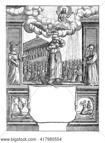 A figure in a habit has shielded his eyes so as not to have to see the sins written on paper that hang in a stall behind him to the left.
