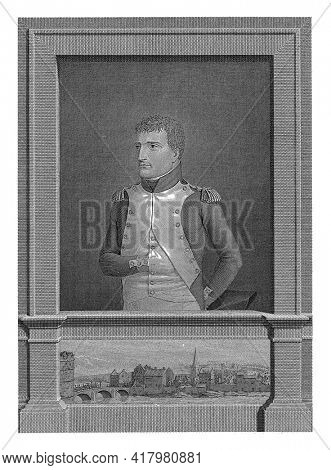 Portrait of Napoleon, in uniform, his right hand in his waistcoat. Below the portrait a view of the Faubourg d'Amercoeur district of Liege, bombed by the Austrians in 1793.