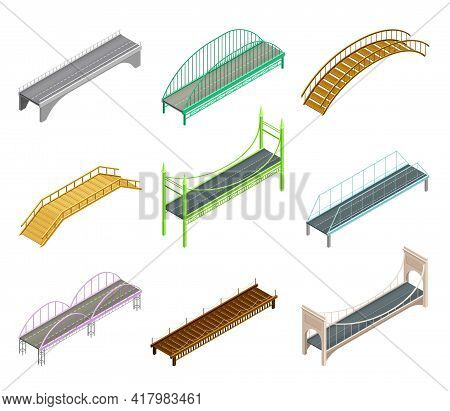 Fixed Bridges Made Of Wood Or Metal With Beam And Arch Bridge Isometric Vector Set