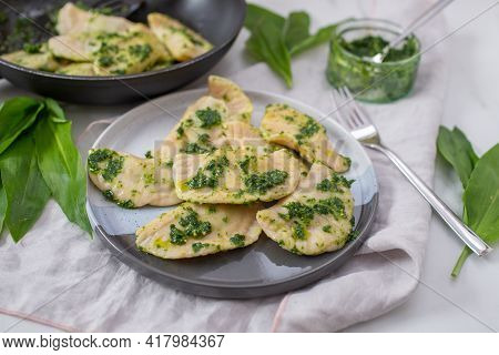 Pierogi Ruskie, Baked Dumplings Stuffed With Curd Cheese And Potatoes And Wild Garlic