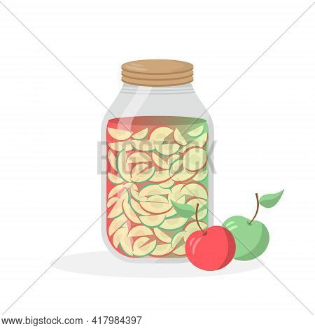 Glass Jar Of Preserved Apples. Beautiful Bank With Your Favorite Delicacy. Red And Green Apples. Vec