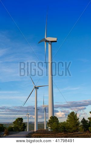 Aerogenerator mulini a vento per l'energia elettrica verde in pino montagna e blu cielo