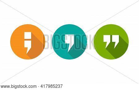 White Semicolon, Comma And Qoutation Mark Icons Set Isolated On White. Flat Punctuation Isigns. Vect