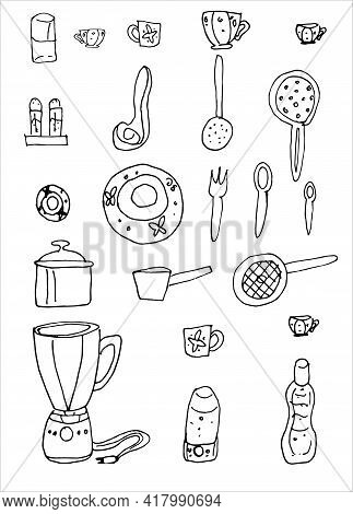 Set Of Kitchen Tools, Cooking Utensils, Kitchenware. Doodle Style. Vector Stock Illustration.