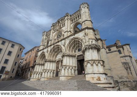 Cuenca, Spain - August 10, 2020: Facade Of The Cuenca Cathedral, A Gothic Building That Began To Be 