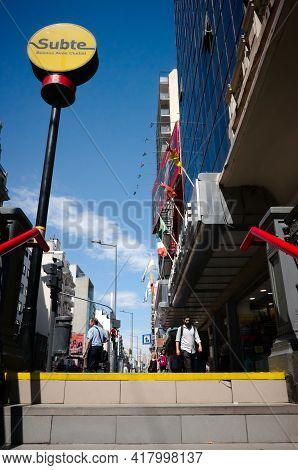 Buenos Aires, Argentina - January, 2020: Exit From Underground Metro Station To The City Street In D