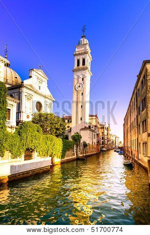 Venice Sunset In San Giorgio Dei Greci Water Canal And Church Campanile. Italy