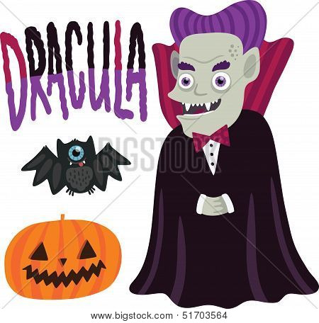 Halloween Dracula character with pumpkin and bat.