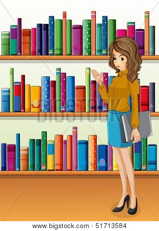 Illustration of a lady holding a binder standing in front of the wooden shelves with books