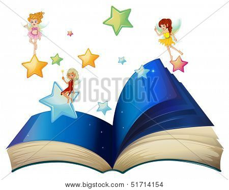 Illustration of a book with three floating fairies on a white background