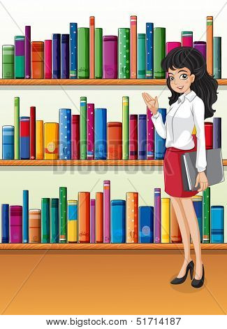 Illustration of a librarian near the bookshelves