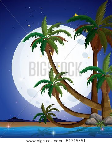 Illustration of a beach with a bright fullmoon