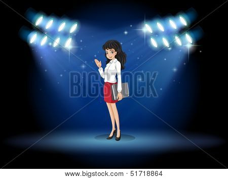 Illustrations of a lady holding a binder standing in the middle of the stage