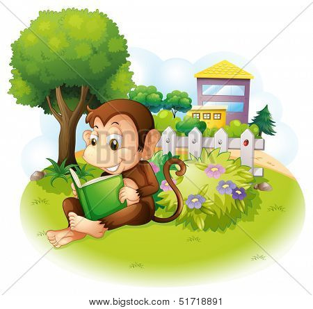 Illustration of a monkey reading a book near the plants with flowers on a white background 