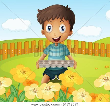 Illustration of a boy in the garden holding an empty egg tray