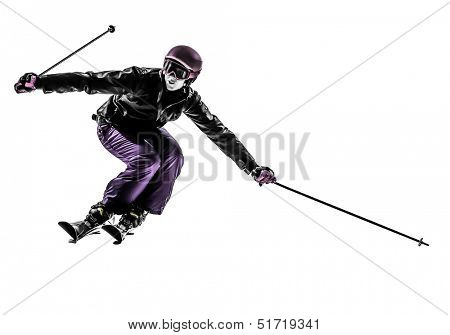 one caucasian woman skier skiing slaloming in silhouette on white background